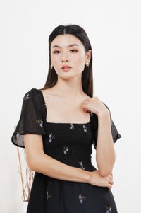 Cottis Smocked Embroidery Midi Dress In Black