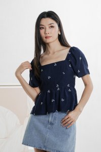 Antonia Ribbon Embroidery Top In Navy (XS)