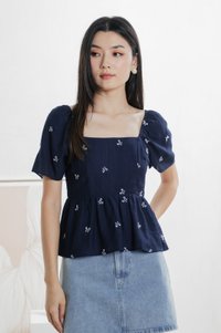 Antonia Ribbon Embroidery Top In Navy (XS)