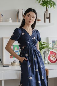 Fortuna Fleur Embroidery Midi Dress In Navy