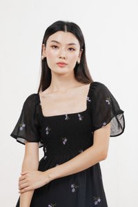 Cottis Smocked Embroidery Midi Dress In Black