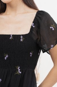 Cottis Smocked Embroidery Midi Dress In Black