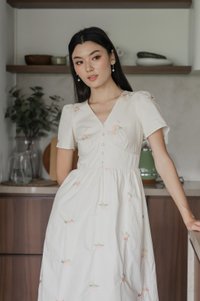 Fortuna Fleur Embroidery Midi Dress In Cream