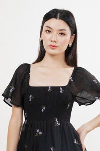 Cottis Smocked Embroidery Midi Dress In Black