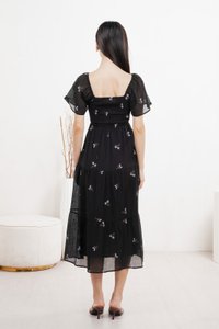 Cottis Smocked Embroidery Midi Dress In Black