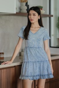 Glace Denim Tiered Ruffles Dress In Acid Wash
