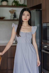 Kura Ruched Ribbon Midi Dress In Light Grey