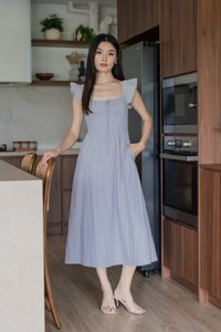 Kura Ruched Ribbon Midi Dress In Light Grey