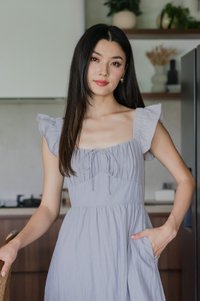 Kura Ruched Ribbon Midi Dress In Light Grey