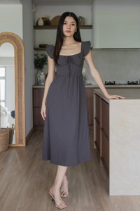 Kura Ruched Ribbon Midi Dress In Gunmetal