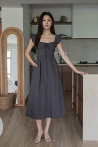 Kura Ruched Ribbon Midi Dress In Gunmetal