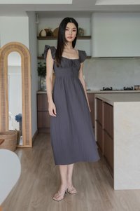 Kura Ruched Ribbon Midi Dress In Gunmetal