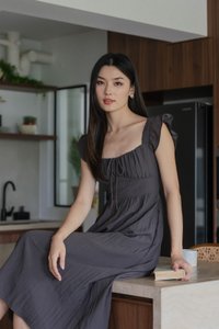 Kura Ruched Ribbon Midi Dress In Gunmetal
