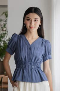 Daffodil Smocked Waist Button Top In Blue