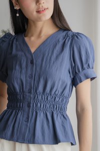 Daffodil Smocked Waist Button Top In Blue