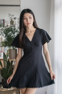 Cyrus Crochet Eyelet Empire Dress In Black