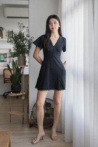 Cyrus Crochet Eyelet Empire Dress In Black
