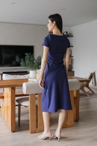 Oaklyn Side Ruched Overlap Midi Dress In Navy