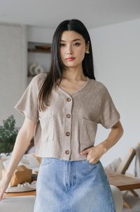 Madeline Buttons Pocket Knit Top In Khaki