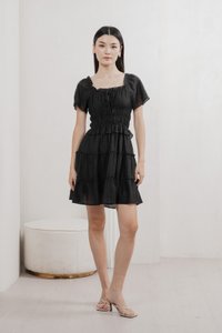 Ripple Textured Ruffles Tiered Dress In Black