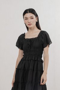 Ripple Textured Ruffles Tiered Dress In Black