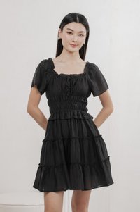 Ripple Textured Ruffles Tiered Dress In Black