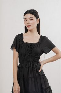 Ripple Textured Ruffles Tiered Dress In Black