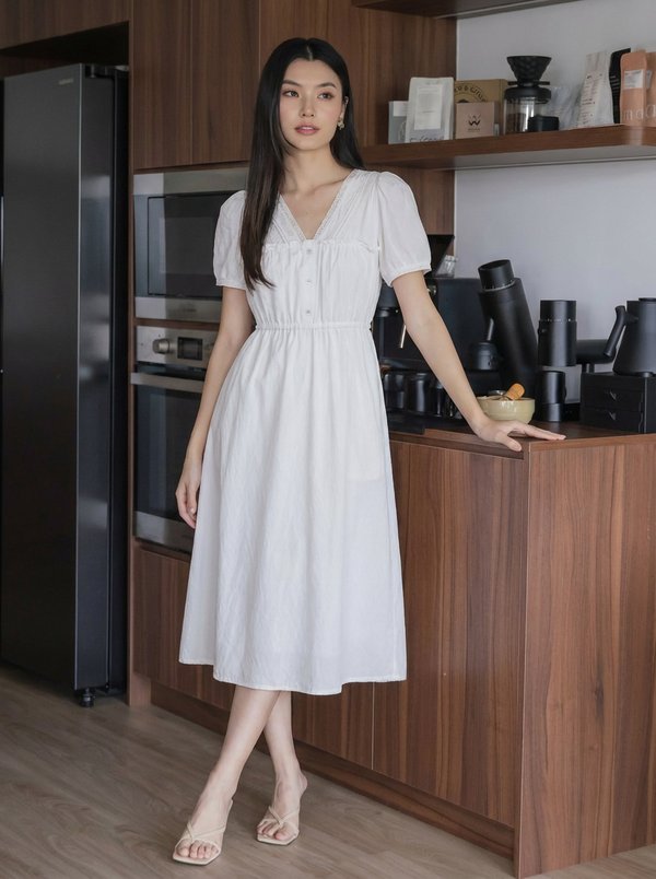 Lura Lace Button Midi Dress In White