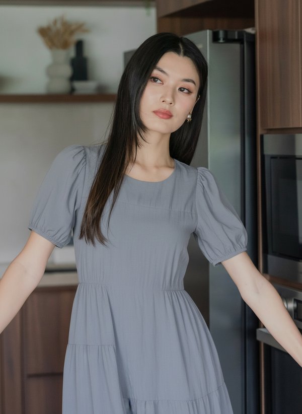 Hayami Puff Sleeves Midi Dress In Gunmetal
