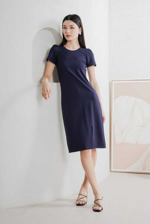 Orla Cotton Slit Midi Dress In Navy