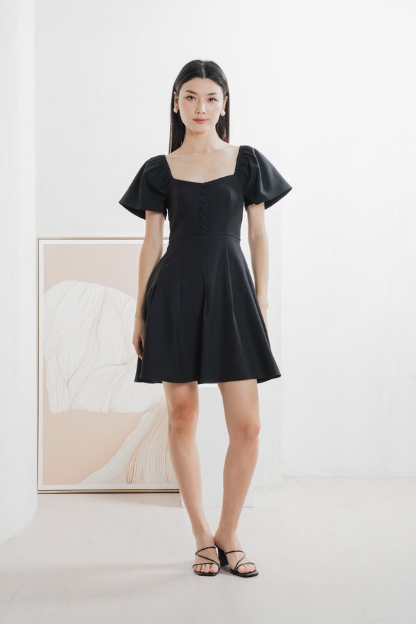 Bondi Buttons Flare Sleeves Dress In Black