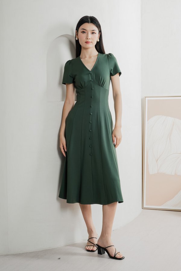 Bertie Buttons Empire Midi Dress In Forest