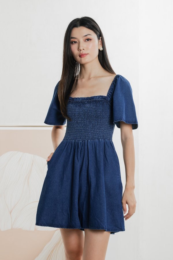 Carper Smocked Denim Sleeve Romper