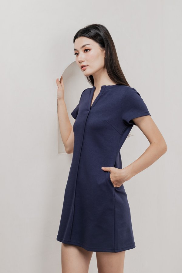 Michel Mandarin Collar Cotton Dress In Navy