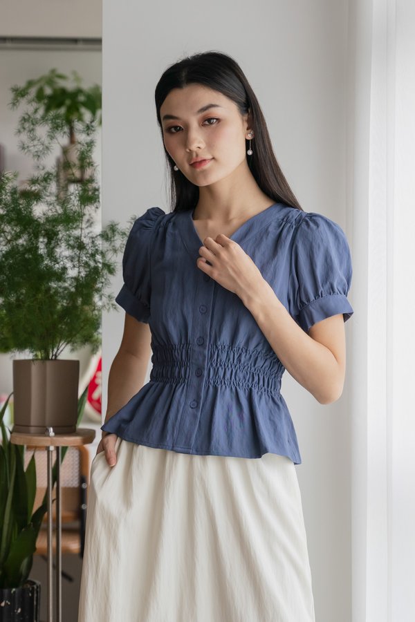 Daffodil Smocked Waist Button Top In Blue
