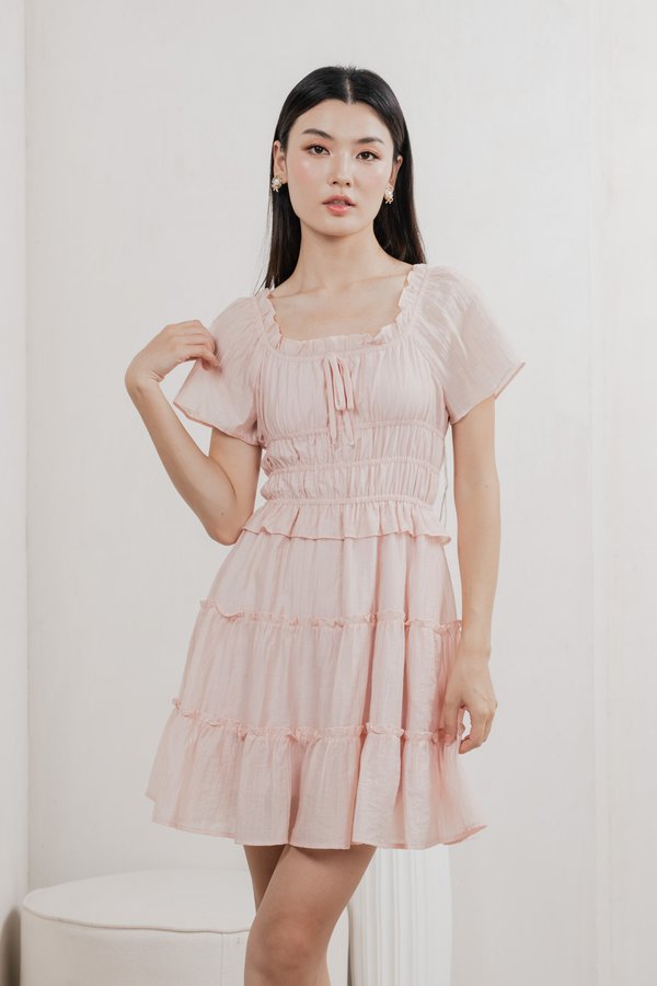 Ripple Textured Ruffles Tiered Dress In Blush Pink