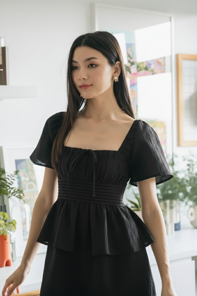 Peachy Textured Ribbon Pleated Top In Black
