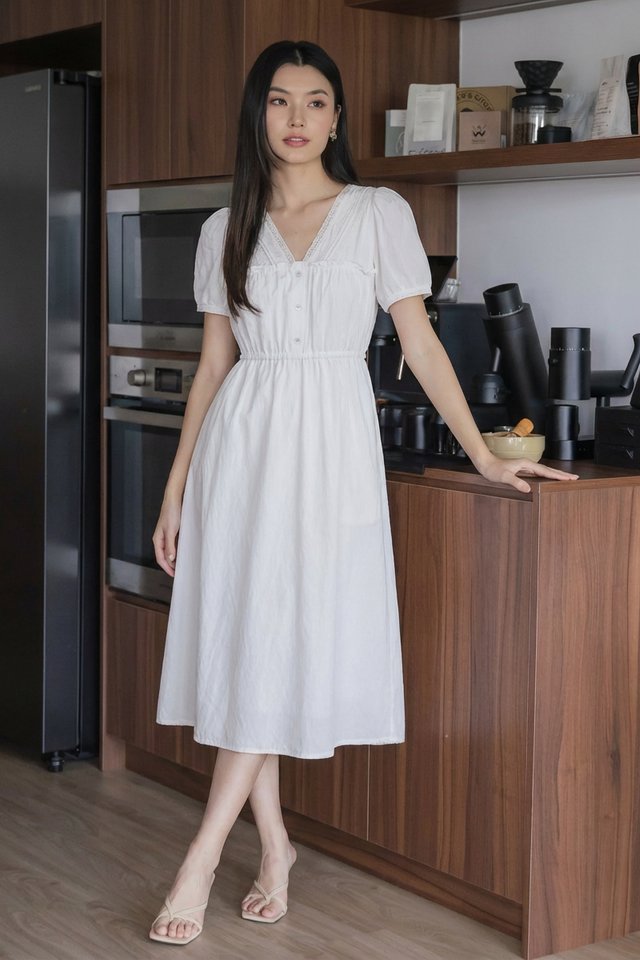 Lura Lace Button Midi Dress In White