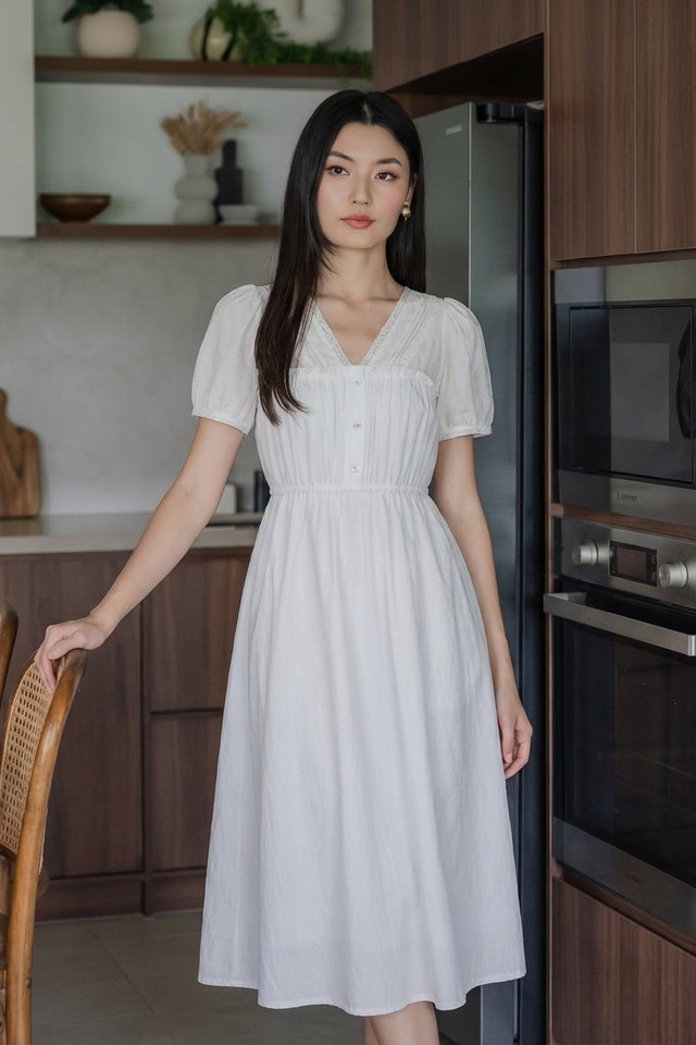 Lura Lace Button Midi Dress In White