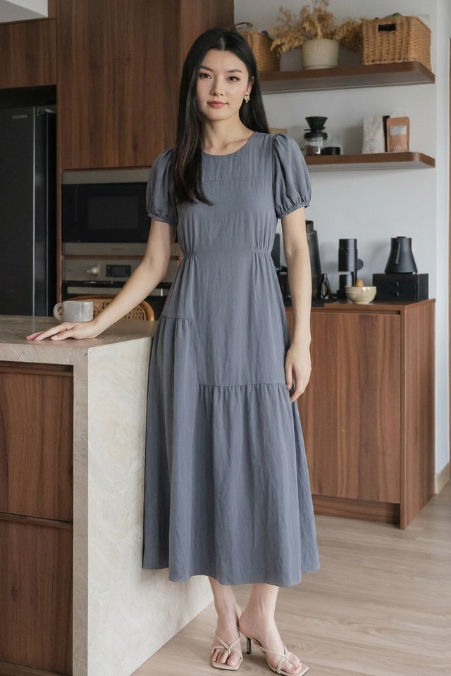 Hayami Puff Sleeves Midi Dress In Gunmetal