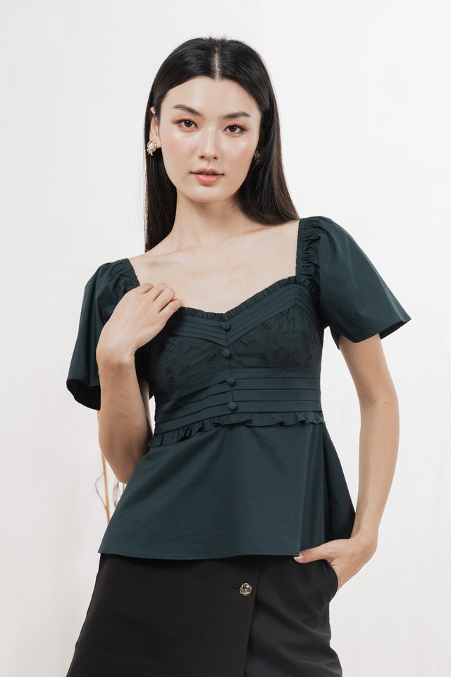 Perla Pintuck Eyelet Top In Emerald