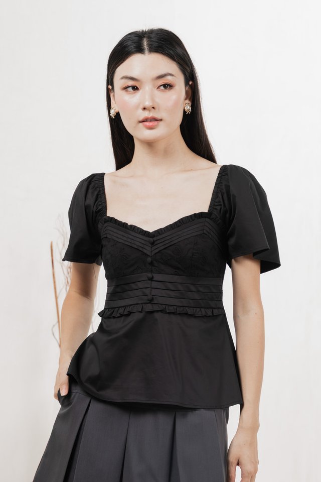 Perla Pintuck Eyelet Top In Black