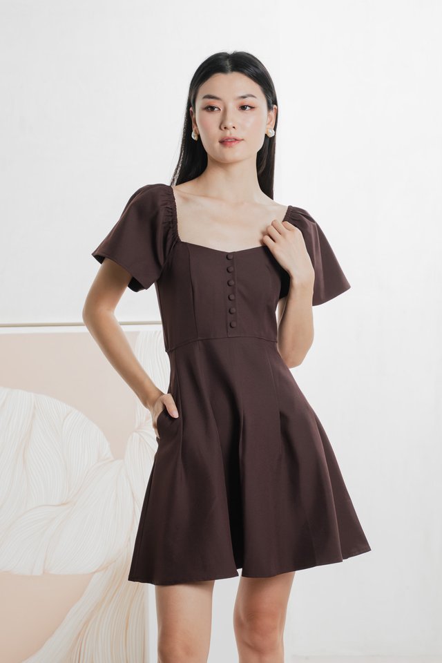Bondi Buttons Flare Sleeves Dress In Burgundy