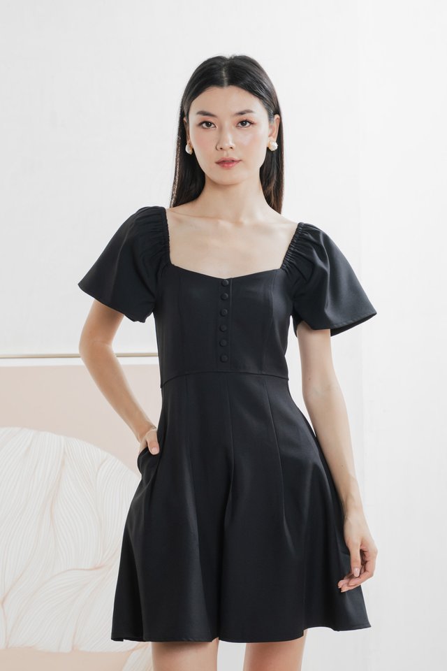 Bondi Buttons Flare Sleeves Dress In Black