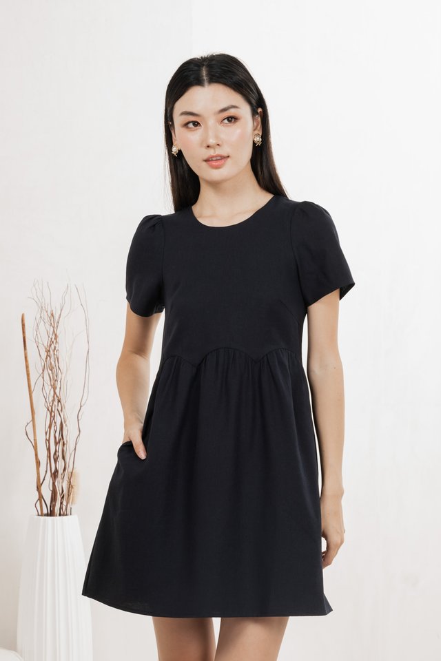 Ochre Scallop Minimalist Dress In Navy