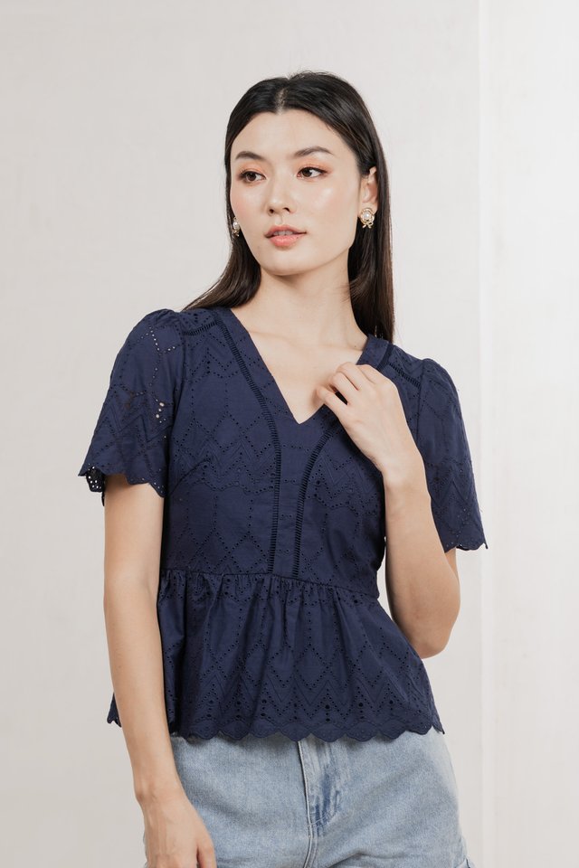 Lindsay Eyelet Top In Navy