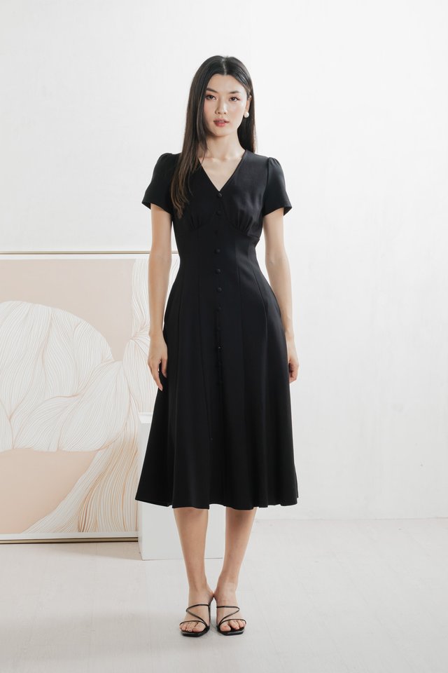Bertie Buttons Empire Midi Dress In Black