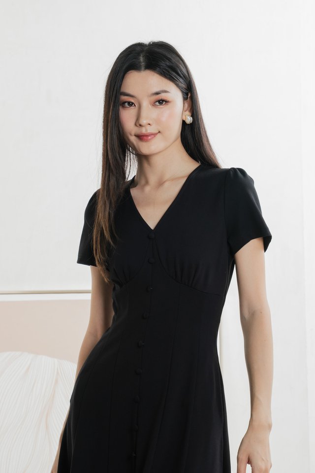 Bertie Buttons Empire Midi Dress In Black