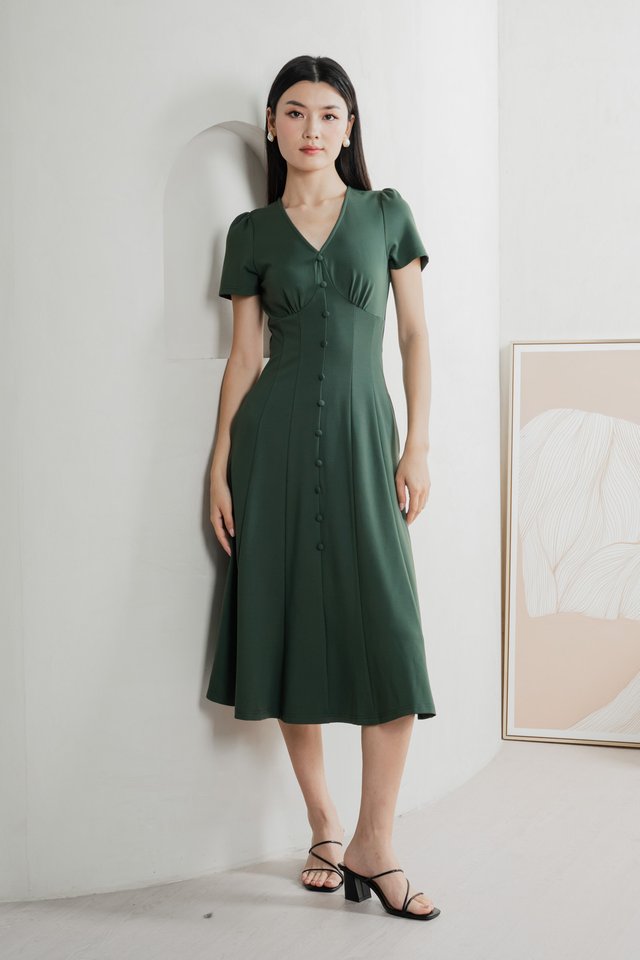 Bertie Buttons Empire Midi Dress In Forest