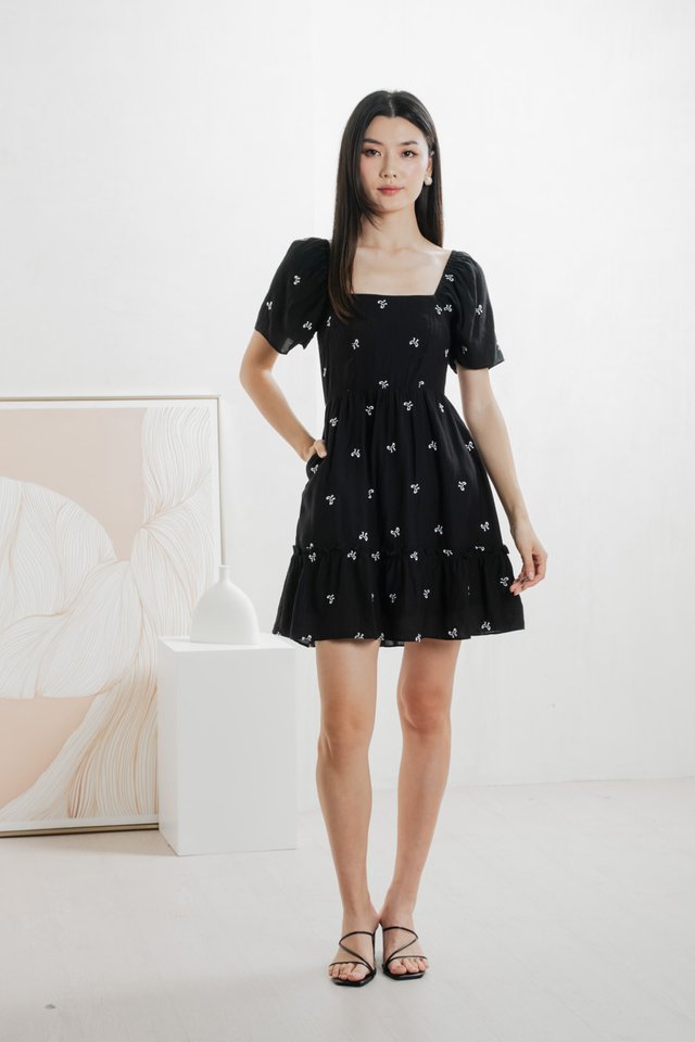 Antonia Ribbon Embroidery Dress In Black